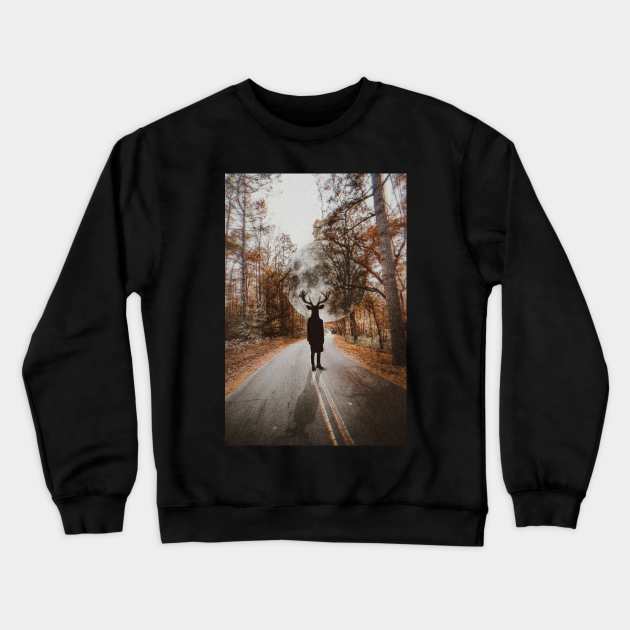 Horror movie vintage retro aesthetic cottagecore surrealism landscape nature fantastic fantasy Halloween deer orange camera creepy spooky vinyl music Crewneck Sweatshirt by AGRHouse